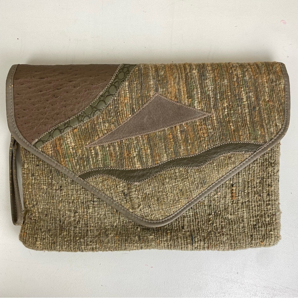 Vintage 80s Bagland Faux‎ Leather Tapestry Patchwork Large Clutch Purse Wristlet